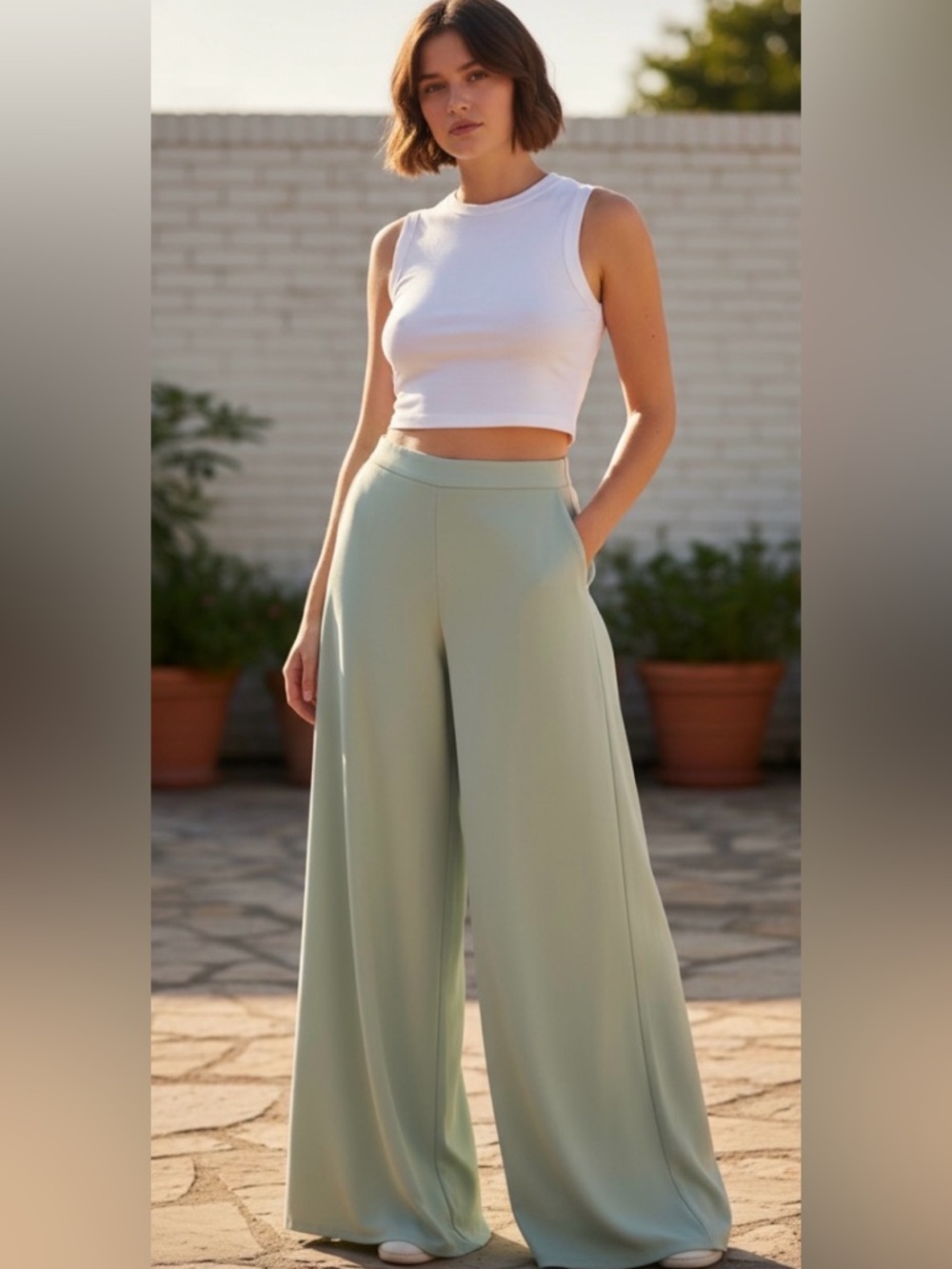 Zara Wide-Leg High-Waist Pants L in Sage Green